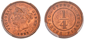 Cyprus, British Administration, Victoria, 1837-1901. 1/4 Piastre, 1882 H, Ralph Heaton & Sons mint (KM1.1; Fitikides 5).

Graded MS62BN PCGS.

A bold ...