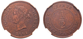 Cyprus, British Administration, Victoria, 1837-1901. 1/2 Piastre, 1884, Royal mint (KM2; Fitikides 17).

Deep brown colour with even wear and some r...