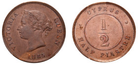 Cyprus, British Administration, Victoria, 1837-1901. 1/2 Piastre, 1885, Royal mint (KM2; Fitikides 18).

Graded AU58 PCGS.