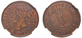 Cyprus, British Administration, Victoria, 1837-1901. 1/2 Piastre, 1886, Royal mint (KM2; Fitikides 19).

Graded AU58BN NGC.