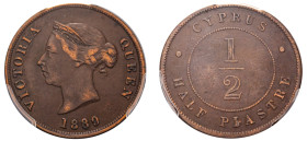 Cyprus, British Administration, Victoria, 1837-1901. 1/2 Piastre, 1889, Royal mint (KM2; Fitikides 21).

Graded XF40 PCGS.