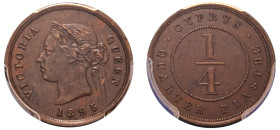 Cyprus, British Administration, Victoria, 1837-1901. 1/4 Piastre, 1895, Royal mint (KM1.1; Fitikides 9).

Graded AU53 PCGS.
Only one in higher desi...