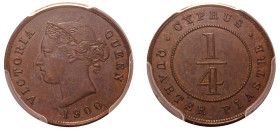 Cyprus, British Administration, Victoria, 1837-1901. 1/4 Piastre, 1900, Royal mint (KM1.2; Fitikides 11).

Graded AU55 PCGS.

A superb specimen for th...