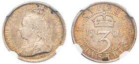 Cyprus, British Administration, Victoria, 1837-1901. 3 Piastres, 1901, Royal mint (KM4; Fitikides 40).

Graded AU58 NGC.

Ex Heritage Auctions, Auctio...