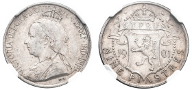 Cyprus, British Administration, Victoria, 1837-1901. 9 Piastres, 1901, Royal mint (KM6; Fitikides 42).

Graded AU58 NGC.

Ex Heritage Auctions, Auctio...