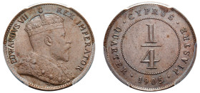 Cyprus, British Administration, Edward VII, 1901-1910. 1/4 Piastre, 1905, Royal mint (KM8; Fitikides 45).

Graded MS64BN PCGS.
Only one in higher desi...