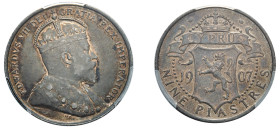 Cyprus, British Administration, Edward VII, 1901-1910. 9 Piastres, 1907, Royal mint (KM9; Fitikides 49).

Graded AU53 PCGS.

A toned specimen with str...