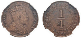 Cyprus, British Administration, Edward VII, 1901-1910. 1/4 Piastre, 1908, Royal mint (KM8; Fitikides 46).

Graded XF45BN NGC.

A key date of the m...