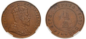 Cyprus, British Administration, Edward VII, 1901-1910. 1/2 Piastre, 1908, Royal mint (KM11; Fitikides 47).

One year type.

Graded AU58BN NGC.

A very...