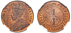Cyprus, British Administration, George V, 1910-1936. 1/4 Piastre, 1922, Royal mint (KM16; Fitikides 51).

Exceptional red-brown patina with very sharp...