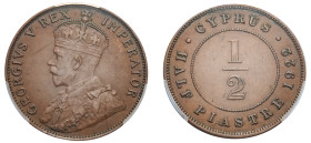 Cyprus, British Administration, George V, 1910-1936. 1/2 Piastre, 1922, Royal mint (KM17; Fitikides 53).

Graded AU50 PCGS.

Well struck and scarce.