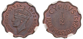 Cyprus, British Administration, George VI, 1936-1952. 1/2 Piastre, 1945, Royal mint (KM22a; Fitikides 74).

Graded MS64BN NGC.

An example with much r...