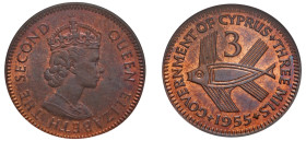 Cyprus, British Administration, Elizabeth II, 1952-1960. 3 Mils, 1955, Royal mint (KM33; Fitikides 92).

Graded MS66RB NGC.
Top Pop, 9 examples in MS6...