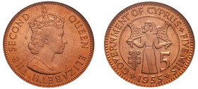 Cyprus, British Administration, Elizabeth II, 1952-1960. 5 Mils, 1955, Royal mint (KM34; Fitikides 93).

Graded MS66RD NGC.
Only one in higher designa...