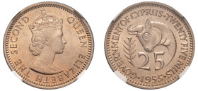 Cyprus, British Administration, Elizabeth II, 1952-1960. 25 Mils, 1955, Royal mint (KM35; Fitikides 95).

Graded MS66 NGC.