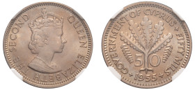 Cyprus, British Administration, Elizabeth II, 1952-1960. 50 Mils, 1955, Royal mint (KM36; Fitikides 96).

Graded MS66 NGC.