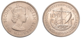 Cyprus, British Administration, Elizabeth II, 1952-1960. 100 Mils, 1955, Royal mint (KM37; Fitikides 97).

Graded MS66 PCGS.
Top Pop, 3 examples in MS...