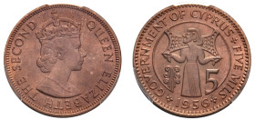 Cyprus, British Administration, Elizabeth II, 1952-1960. 5 Mils, 1956, Royal mint (KM34; Fitikides 94).

Graded MS66RB PCGS.
Top Pop, 2 examples in MS...