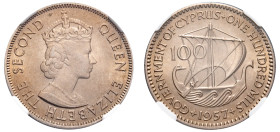 Cyprus, British Administration, Elizabeth II, 1952-1960. 100 Mils, 1957, Royal mint (KM37; Fitikides 98).

Graded MS65 NGC.