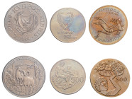 Cyprus, Republic, 1960-. Lot of 3 coins comprising 500 Mils, 1970, F.A.O., 22.49g (KM43; Fitikides 151); 500 Mils, 1975, Hercules, 14.14g (KM44; Fitik...