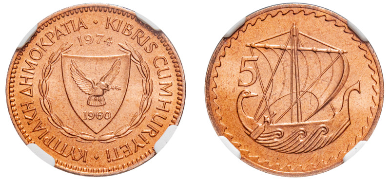 Cyprus, Republic, 1960-. 5 Mils, 1974, Royal mint (KM39; Fitikides 107).

Graded...