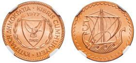 Cyprus, Republic, 1960-. 5 Mils, 1977, Royal mint (KM39; Fitikides 108).

Graded MS68RD NGC.
Top Pop, 4 examples in MS68RD.