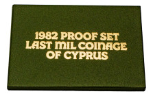 Cyprus, Republic, 1960-. Official proof set, Mil, 1972; 500 Mils, 1977; 5 Mils, 1980 and 5-25-50-100 Mils, 1982, Royal mint (KM-Unlisted; Fitikides 10...