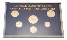 Cyprus, Republic, 1960-. Official proof set, 1/2-1-2-5-10-20 Cents, 1983, Royal mint (KM-PS16; Fitikides 160, 161, 174, 186, 198, 209).

Uncirculated ...