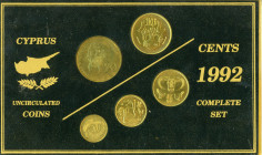 Cyprus, Republic, 1960-. Set with 1; 2; 5; 10 and 20 Cents, 1992, Royal mint (KM53.3, 54.3, 55.3, 56.3, 62.2; Fitikides 167, 179, 192, 203, 215).

Unc...