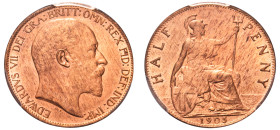 Great Britain, Edward VII, 1901-1910. 1/2 Penny, 1905, Royal mint (KM793.2; S-3991).

Graded MS64RD PCGS.
Only one in higher designation.