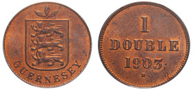 Guernsey, Edward VII, 1901-1910. Double, 1903 H, Heaton and Sons (Birmingham) mint (KM10).

Graded MS64RD PCGS.
Top Pop, the only example in MS64RD.