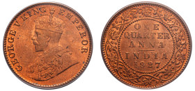 India, British India, George V, 1910-1936. 1/4 Anna, 1927 (c), Calcutta mint (KM512).

Graded MS65RD PCGS.
Top Pop, the only example in MS65RD.