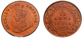 India, British India, George V, 1910-1936. 1/12 Anna, 1928 (b), Bombay mint (KM509).

Graded MS65RD PCGS.
Top Pop, 8 examples in MS65RD.