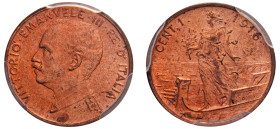 Italy, Vittorio Emanuele III, 1900-1946. Centesimo, 1916 R, Rome mint (KM40).

Graded MS65RD PCGS.
Top Pop, 7 examples in MS65RD.