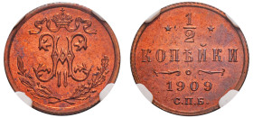 Russia, Nicholas II, 1894-1917. 1/2 Kopeck, 1909 CNB, St. Petersburg mint (KM-Y48.1).

Graded MS65RD NGC.
Top Pop, 3 examples in MS65RD.