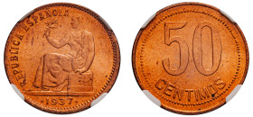 Spain, Second Republic, 1931-1939. 50 Centimos, 1937 (34), 34 in star, Madrid mint (KM754.1).

Graded MS65RD NGC.