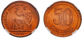 Spain, Second Republic, 1931-1939. 50 Centimos, 1937 (36), 36 in star and beads around value, Madrid mint (KM754.1).

Graded MS66RD NGC.
Top Pop, 34 e...