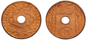 Spain, Second Republic, 1931-1939. 25 Centimos, 1938, Madrid mint (KM757).

Graded MS65RD PCGS.