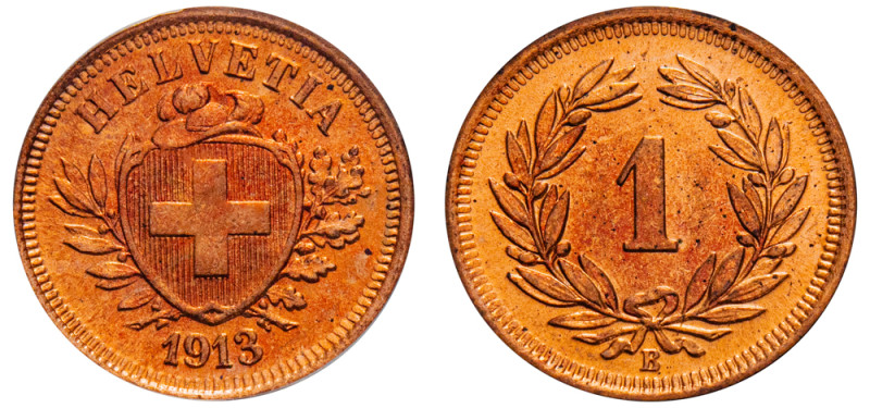 Switzerland, Federal State, 1848-. Rappen, 1913 B, thin cross, Bern mint (KM3.2)...