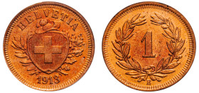 Switzerland, Federal State, 1848-. Rappen, 1913 B, thin cross, Bern mint (KM3.2).

Graded MS65RD PCGS.