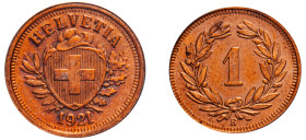 Switzerland, Federal State, 1848-. Rappen, 1921 B, thin cross, Bern mint (KM3.2).

Graded MS65RD PCGS.