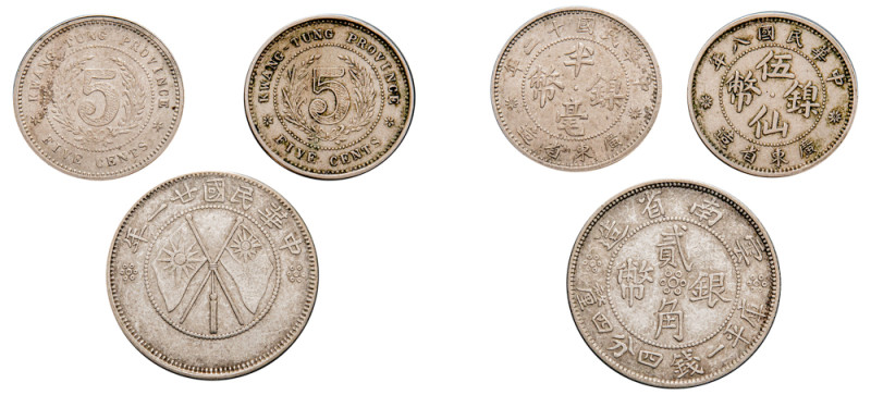 China, Republic, 1912-1949. Lot of 3 coins comprising Kwangtung Province, 1/2 Ji...