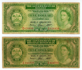 Belize/British Honduras
Lot of 2 banknotes comprising 1 Dollar, 1st January 1972 and 1 Dollar, 1st January 1976
S/N G/6 444775 and A/3 626056
Printer:...