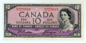 Canada
Bank of Canada
10 Dollars, 1954
S/N E/D7270015
Signatures of John Robert Beattie and James Elliott Coyne 
Printer: BABN
Devil's Face
Pick 69b; ...