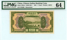 China
Chinese Italian Banking Corp
1 Yuan, 1921
S/N 370408
Printer: ABNC
Remainder
Pick S253r; S/M C36-1

Graded Choice Uncirculated 64, Annotation PM...