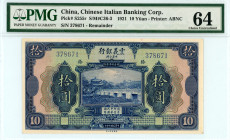 China
Chinese Italian Banking Corp
10 Yuan, 1921
S/N 378671
Printer: ABNC
Remainder
Pick S255r; S/M C36-3

Graded Choice Uncirculated 64 PMG.

From th...