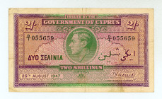 Cyprus
British Administration-Goverment of Cyprus
2/- Shillings, 25th August 1947
S/N D/1 055659
Printer: BWC
Pick 21

Fine.

From the “Yankee” Collec...