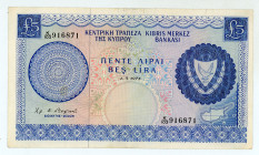 Cyprus
Central Bank
5 Pounds, 1st May 1973
S/N K/103 916871
Printer: BWC
Pick 44b

Very fine.

From the “Yankee” Collection of banknotes.