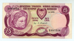 Cyprus
Central Bank
5 Pounds (ΛΙΡΑΙ), 1st June 1979
S/N B987524
Printer: TDLR
Watermark: Ram
Pick 47

Extremely fine.

From the “Yankee” Collection of...