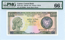 Cyprus
Central Bank 
10 Pounds, 1st October 1990
S/N AE795896
Watermark: Ram's Head
Printer: TDLR
Pick 55a

Graded Gem Uncirculated 66 EPQ PMG.

From ...